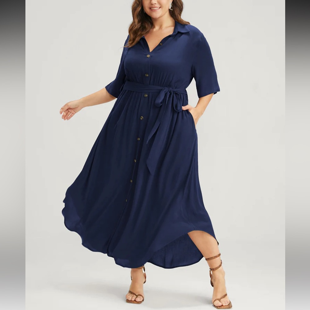 Solid Button Pocket Shirt Collar Belted Maxi Dress - Picture 4 of 4